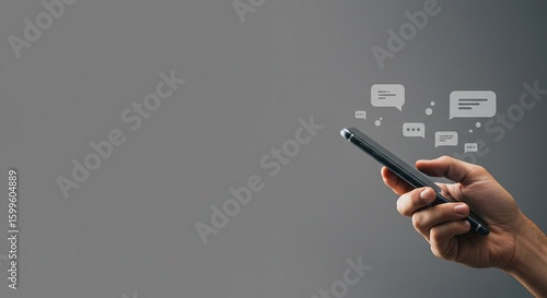 Hand Holding Smartphone with Messaging Icons and Ample Copy Space
