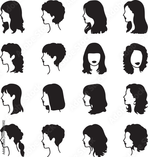 Diverse female hairstyles profile silhouettes women