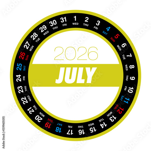 2026年7月の円形カレンダー 日本の祝日表記はありません