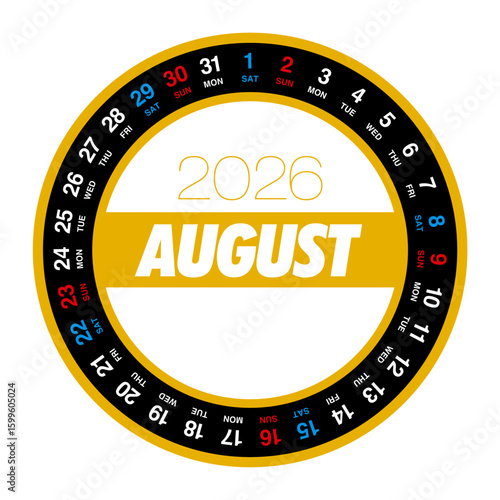 2026年8月の円形カレンダー 日本の祝日表記はありません