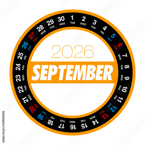 2026年9月の円形カレンダー 日本の祝日表記はありません