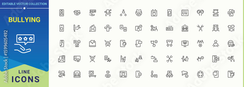 Set of Bullying line icon. Included sex, abuse, sexual, discrimination, disgust, offend, assault and more. Outline symbol collection. Assault icon set. Editable vector art.