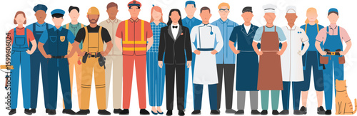 Group of Diverse Professionals Standing Together, Featuring a Painter, Police Officer, Chef, Doctor and Cat
