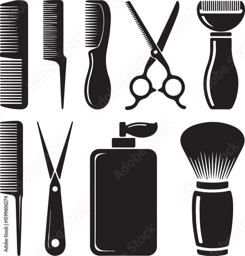 Grooming tools including combs scissors brushes and bottles vector