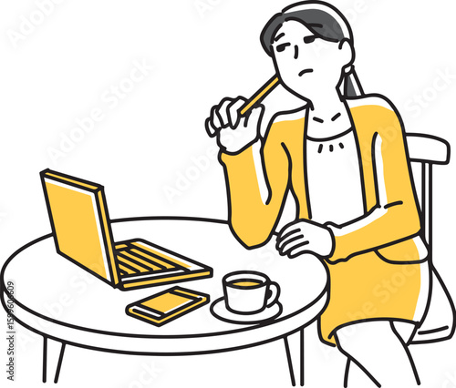 ノートパソコンの前で考え事をしている女性