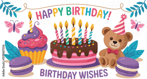 Happy Birthday with Cake, Cupcake, Teddy Bear, Macarons, Candles, Butterflies, and Foliage Illustration