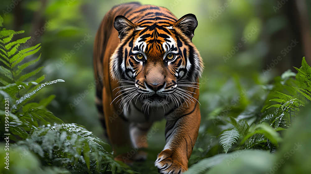 Fototapeta premium A tiger walking towards the camera in a lush green forest.