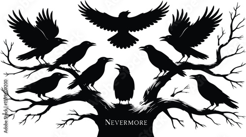 Silhouetted Ravens Perched on Bare Tree Branches with Nevermore Inscription, Illustration Art