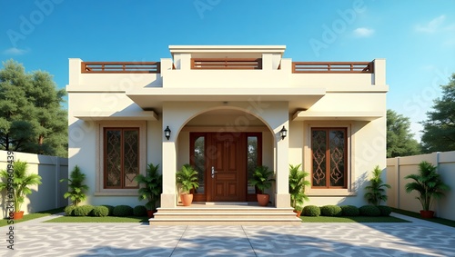 View of modern house in Indian style on blue sky background, Contemporary residence design. 3D rendering
