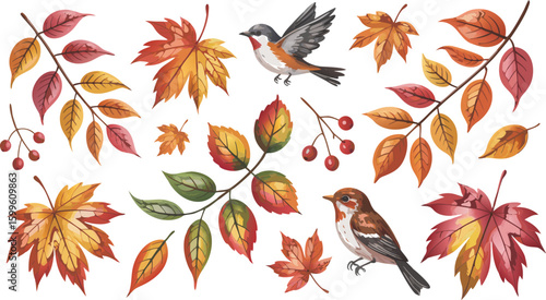 Watercolor Autumn Leaves and Birds Illustration Fall Foliage, Maple Leaves, Branch, and Berries