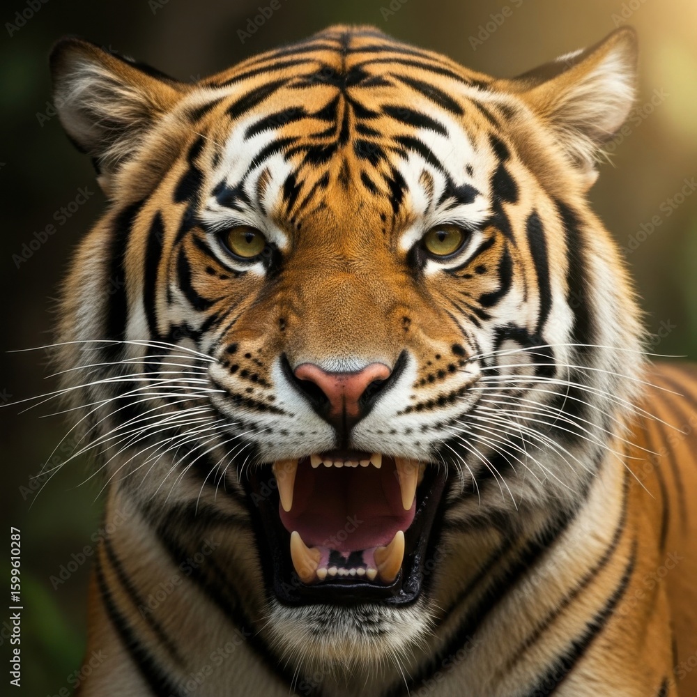 Fototapeta premium Fierce Tiger Roaring With Open Mouth Showing Teeth and Sharp Claws in Jungle Setting