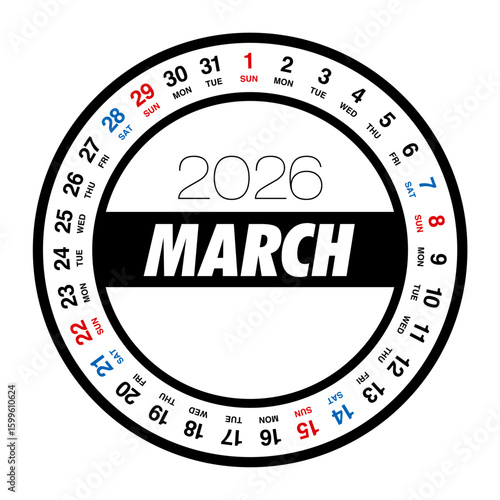 2026年3月の円形カレンダー 日本の祝日表記はありません