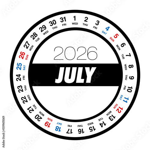 2026年7月の円形カレンダー 日本の祝日表記はありません