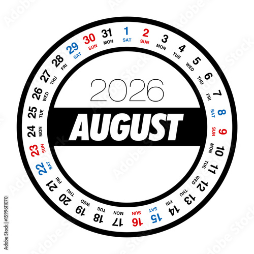 2026年8月の円形カレンダー 日本の祝日表記はありません