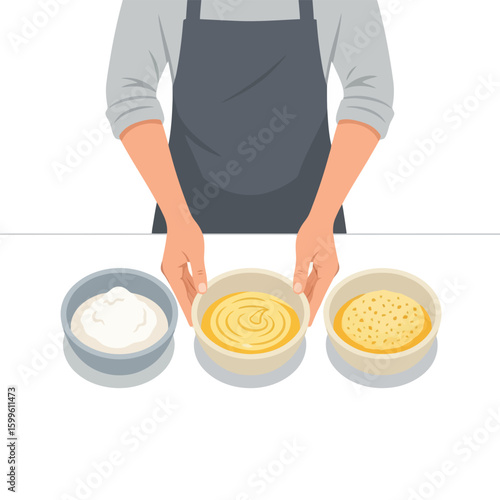 Preparing Food Hands Holding Bowls of Creamy Batter and Mixtures