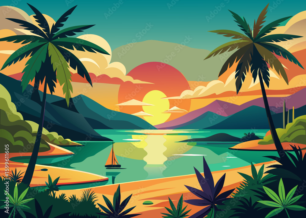 Obraz premium tropical beach with palm trees background 