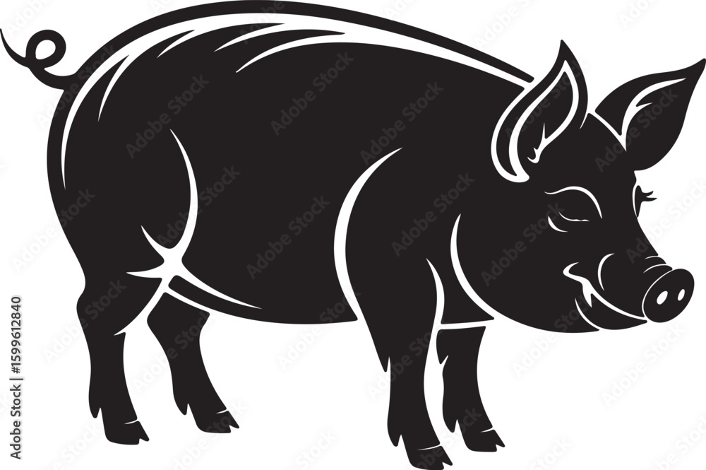 Fototapeta premium Black pig silhouette with curly tail and detailed face swine farm animal