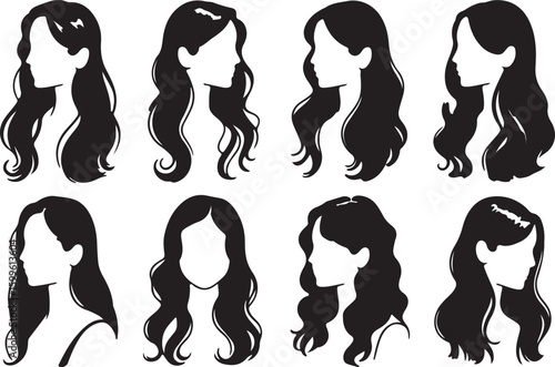 Black silhouette profiles of women with flowing wavy hair vector