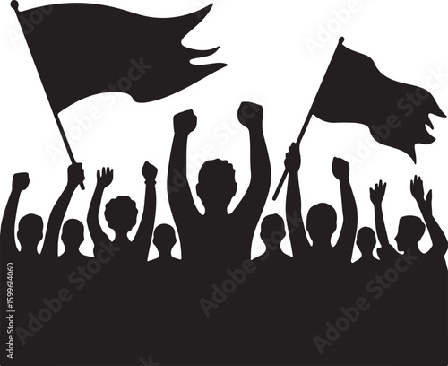 Crowd raising flags and fists in protest demonstration rally