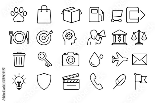 A collection of versatile icons representing diverse concepts, from nature and commerce to technology and communication, all rendered in a sleek, modern graphic style. 
