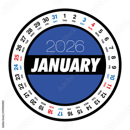 2026年1月の円形カレンダー 日本の祝日表記はありません