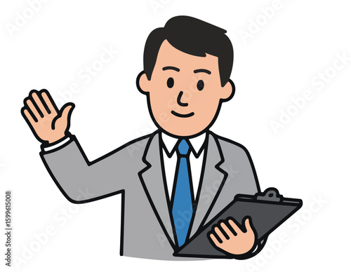 Cartoon man in a suit waving with a clipboard in hand against a black background illustration