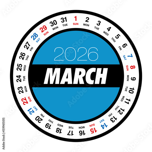 2026年3月の円形カレンダー 日本の祝日表記はありません