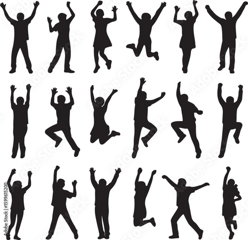 Joyful figures jumping with arms raised high people celebration
