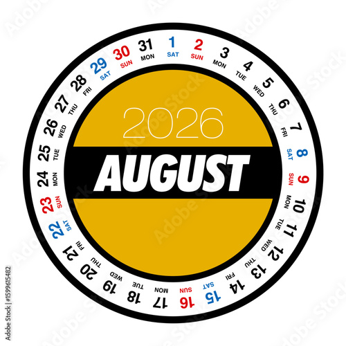 2026年8月の円形カレンダー 日本の祝日表記はありません