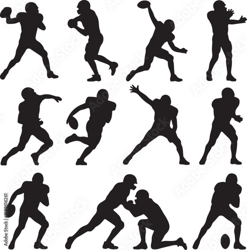 American football players in various action poses throwing running