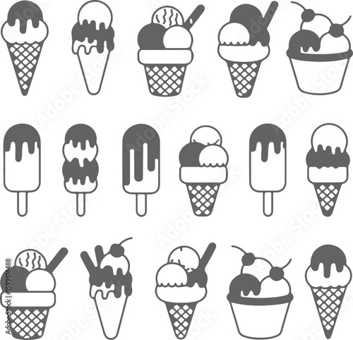 Assorted frozen treats in cones and cups ice cream popsicles