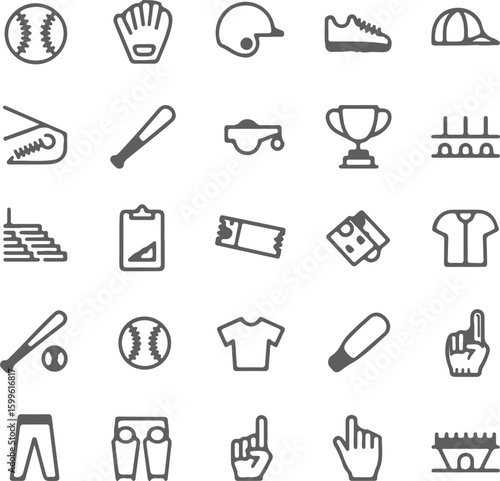 Baseball equipment and stadium seating icons glove helmet