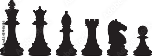 Black chess pieces silhouette king queen bishop rook knight pawn black silhouette