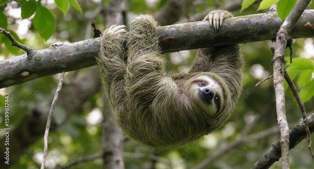Fototapeta premium Threetoed Sloth Hanging on Tree Branch in Rainforest
