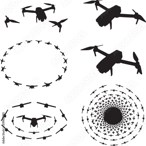 Drones flying in formation and circular patterns quadcopter