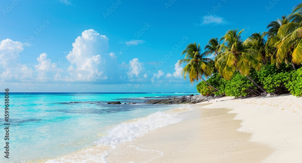 Tropical Beach Scene Turquoise Water White Sand Palm Trees Tropical Beach Scene Turquoise Water White Sand Palm Trees