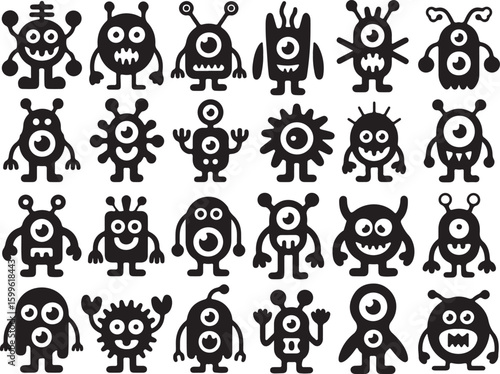 Diverse alien creatures with big eyes and unique body shapes aliens monsters