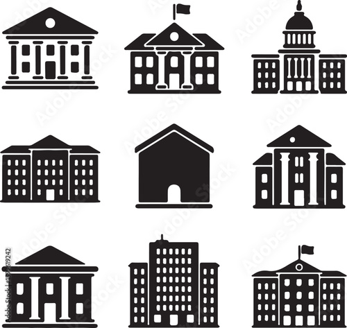 Government buildings classical architecture institutional structures silhouette black and white