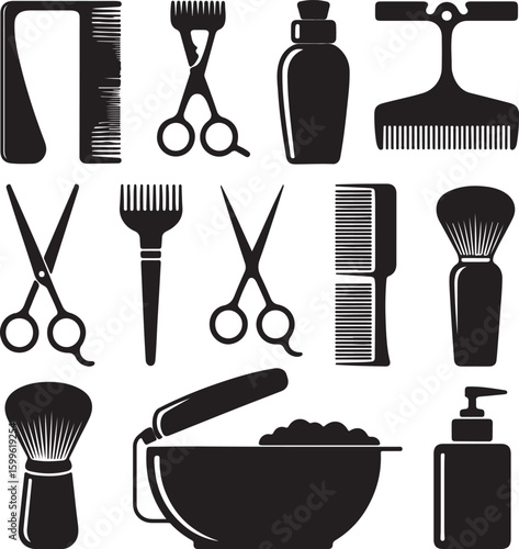 Hairdressing tools and grooming supplies silhouette comb scissors