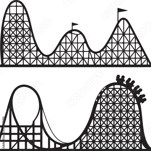 Roller coaster silhouette with flags and riders amusement park thrill ride