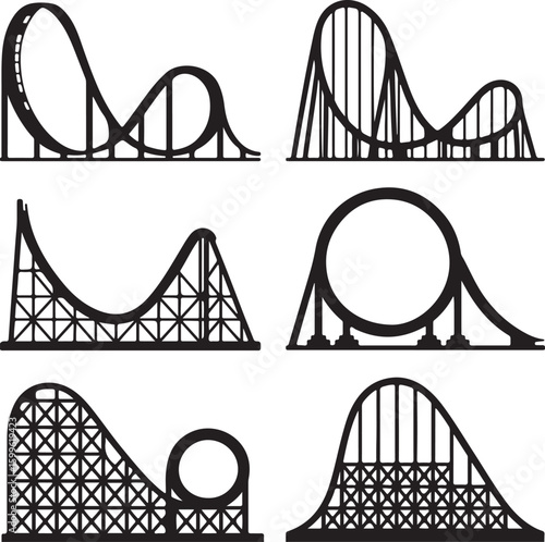 Roller coaster silhouettes with loops and drops amusement park thrill ride