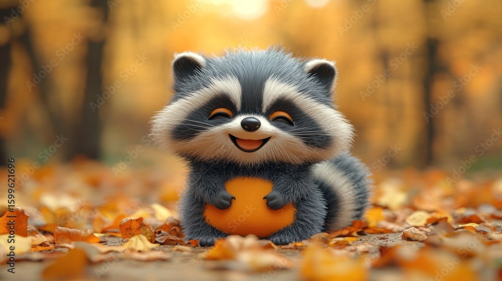 Fototapeta premium Cute raccoon holding a ball in autumn leaves