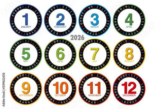 2026年の年間円形カレンダー 横位置