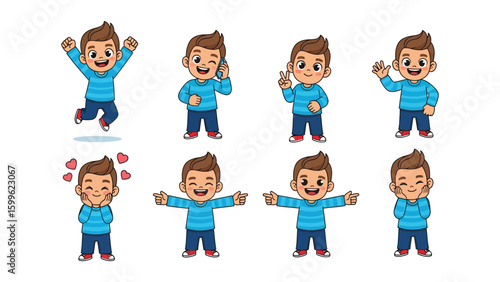 Expressive Little Boy Cartoon Character Collection with Dynamic Poses and Emotions vector illustrations for kids and design projects