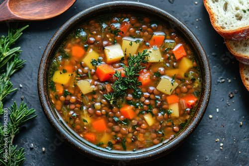 Bowl of lentil soup garnished with bread and herbs.