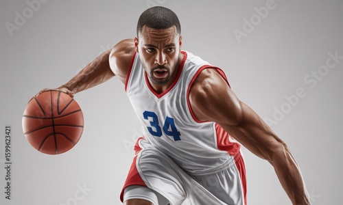 Intense Male Basketball Player Wearing White Red Uniform Dribbling Ball Action