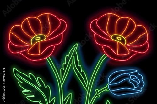 Vibrant Neon Flower Display with Red Poppies Green Leaves and a Blue Tulip Against Black