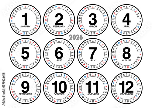 2026年の年間円形カレンダー 横位置