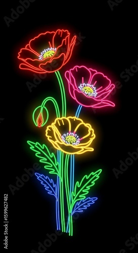 Neon Poppy Flowers Glowing Brightly on a Black Background Featuring Red Pink Yellow Green and Blue Colors