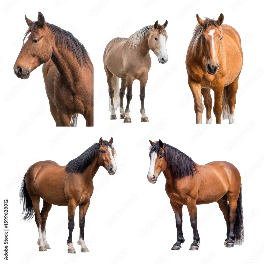 Group of graceful horses, diverse breeds with unique colors and textures, showcasing equine beauty and majesty, ideal for animal themes. Isolated on white background or PNG Group of graceful horses, diverse breeds with unique colors and textures, showcasing equine beauty and majesty, ideal for animal themes. Isolated on white background or PNG